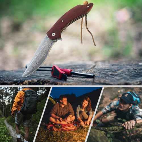 Damascus Pocket Knife, VG10 Damascus Steel Folding Knife with Wood Handle, Liner Lock, Leather Sheath, EDC Knife for Camping Outdoor Survival Hunting