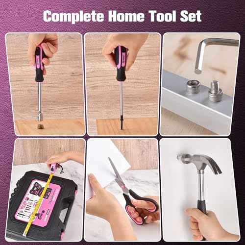 VIGRUE 278 Piece Tool Set, 8V Cordless Drill, Tool Kit with Drill, ToolBox for Men & Women, Home Hand Drill Set for Handyman, DIY (pink)