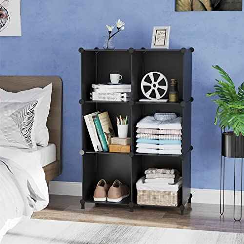 AWTATOS Cube Storage Organizer, Storage Cubes Shelves Bookshelf, 6 Cube Closet Organizers and Storage, DIY Stackable Plastic Clothes Organizer Shelving for Bedroom, Home, Black