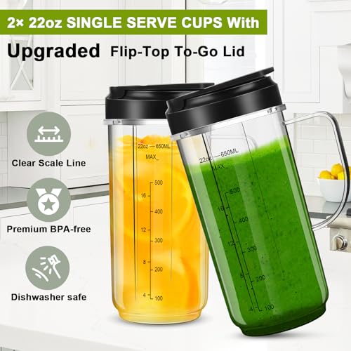 UBYNID 2 Pack 22oz Magic Bullet Blender Cups with Handle & Flip-Top Lid Replacement Parts
