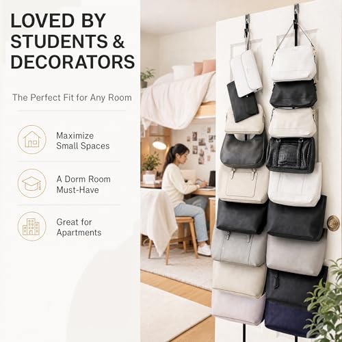 Over-The-Door Handbag & Purse Organizer - Fits Up To 18 Bags, 2 Straps, Easy Install - Perfect Curve