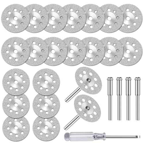 20 pcs 545 Diamond Cutting Wheel Cut Off Discs Coated (22mm) for Dremel Rotary Tool with 402 Mandrel (3mm) 4pcs and Screwdriver for Rotary Tool Accessories