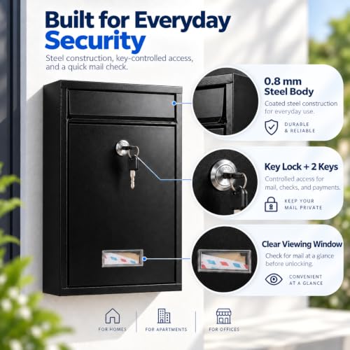 KYODOLED Black-02 Locking Wall-Mount Mailbox with Lock & Window, Large Outdoor Drop Box