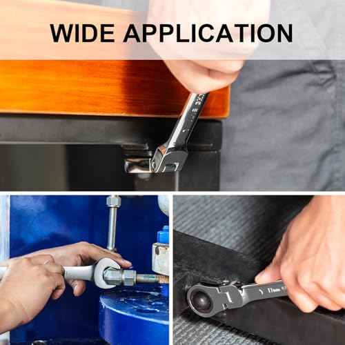 Jetech 8mm Flexible Head Ratchet Wrench, Industrial Grade Cr-V Steel, 12 Point, Off Corner Design, 72 Tooth Ratchet, 180 Degree Flexible Box End