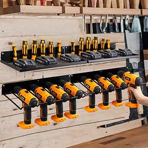 Power Tool Organizer with Charging Station, Drill Holder, Wall Mount, Garage Storage Shelves, Heavy Duty Pegboard Wall Organizer Set, Solid Metal, Black, 2 Pack, 4 Set