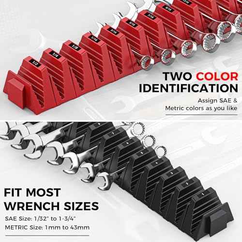 48PCS Magnetic Modular Wrench Organizers for Tool Drawers - Black & Red - Wrench Rack with Metric & SAE Labels, Customizable Magnet Tool Storage Holder for Tool Box Organization