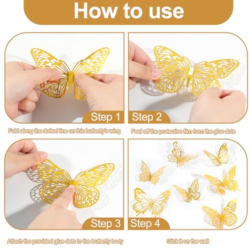 Gold 3D Butterfly Wall Decor Set | 84pcs, 7 Styles, 3 Sizes for Party & Home