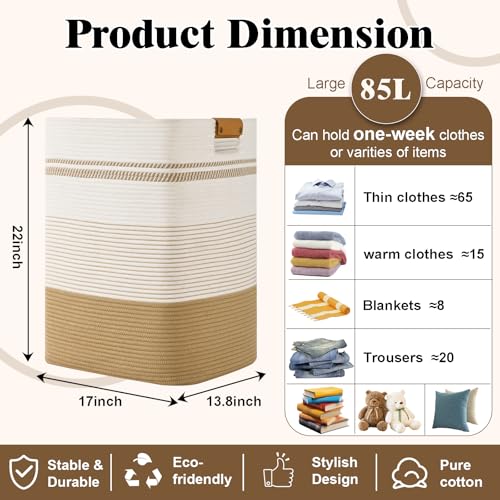 85L Jute & White Laundry Hamper with Leather Handles – Tall Rectangle Cotton Rope Storage Basket