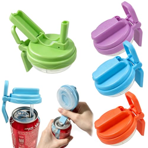 QQIZHA Colorful Soda Can Lids with Straws 4 Pack – Reusable Covers with Handle, Dual-Rim Fit & Included Opener