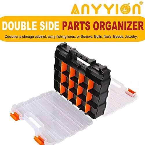 Anyyion Small Parts Organizer, 34-Compartments Double Side parts organizer with Removable Dividers for Hardware, Screws, Bolts, Nails, Beads, Jewelry. (2 Pcs, Orange)