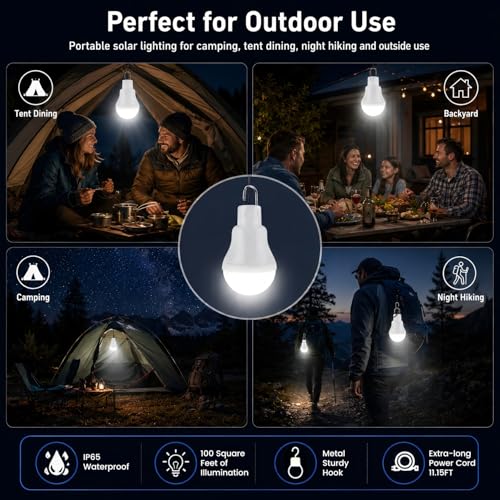 Lampelc Solar Rechargeable LED Light Bulbs with Manual ON/OFF - 2 Pack Indoor & Outdoor
