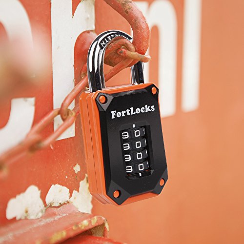FortLocks 4-Digit Combination Padlock - Black/Orange Indoor & Outdoor Security Lock - 1 Pack