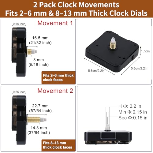 Semiround Silent Quartz Clock Movement Kit with 4 Short Hands & 2 Shaft Lengths - Model Shaft 22.7mm, Thread 16.5mm for 3-7 Inch Mini Clocks