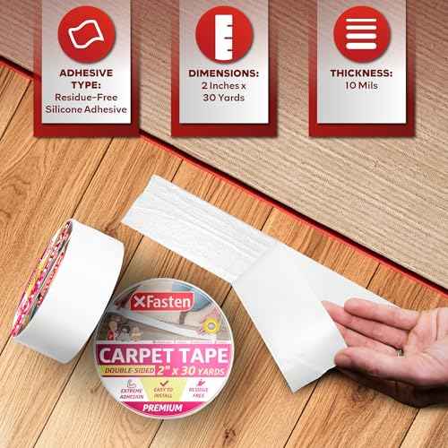 XFasten Double Sided Carpet Tape for Area Rugs, 2 Inch x 30 Yards ? Heavy Duty Anti Slip Rug Grip Tape, Works as Rug Grippers, Residue Free, Wood Safe, Easy Removal for Hardwood and Laminated Floors