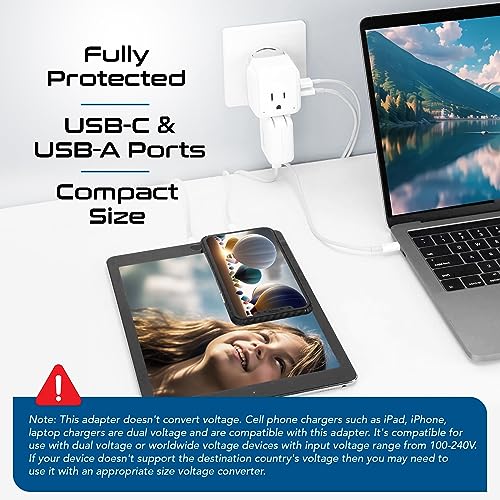 Ceptics White 20W European Travel Plug Adapter with 2 USA Outlets & USB-C/USB-A
