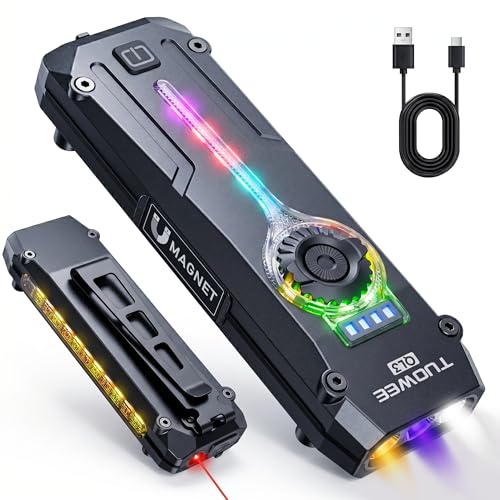 TUOWEE Black Large Rechargeable UV Flat EDC Flashlight 1800 Lumens with RGB & Magnetic Base