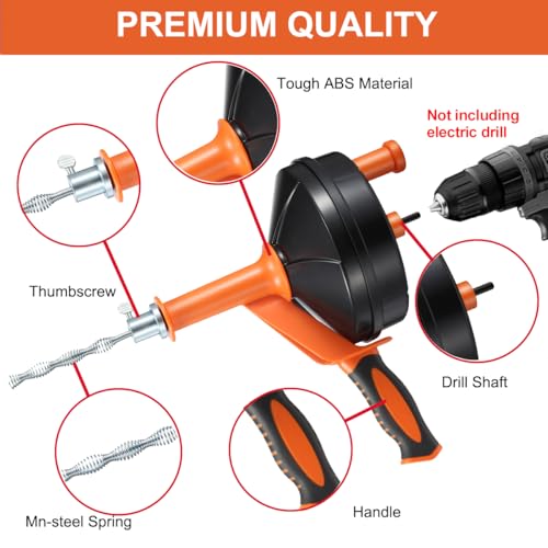BACEYIOU Orange Drain Auger with Drill Adapter 25ft Flexible Plumbing Snake for Kitchen & Bathroom Clogs
