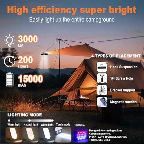 Portable Camping Lights 15000mAh Camping Lantern Rechargeable,3000LM Tent Light & Magnetic Base with 6 Modes,IP66 Waterproof Emergency Light Up to 200 Hours for Outdoor, Workplace, Emergency and Home