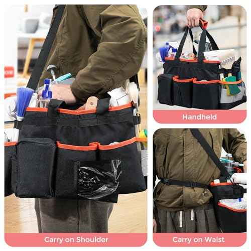ProCase Cleaning Caddy Bag for Housekeepers, Foldable Cleaning Supply Bag with 5 Compartments, Wearable Detailing Organizer Tote with Handles and Shoulder Strap -Orange