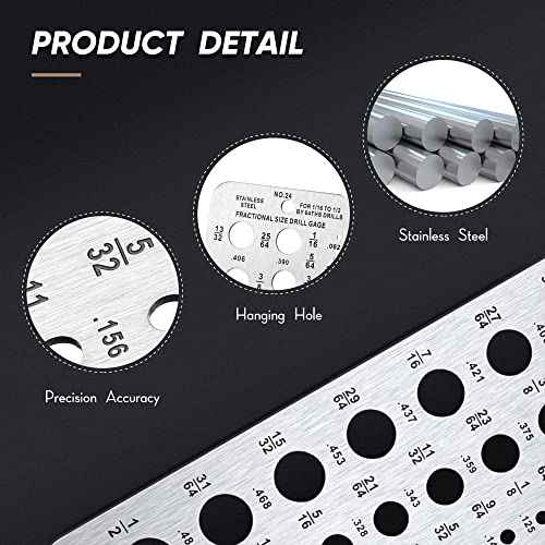 Weewooday Stainless Steel Drill Gauges for 1/16 Inch to 1/2 Inch Size Bits, 17/64-1/2 0.062-0.250 Bolt and Wire Diameter Index Gauge, 29-Hole Use for Accurate Measurement Equivalents(Silver)