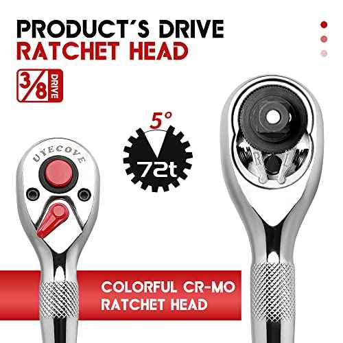 3/8 Inch Drive Ratchet Wrench - 72-Tooth, Reversible Cr-Mo Colorful Head - 4.02''/10.2cm