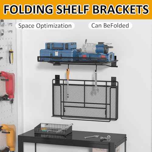 BABKAS 2 Pack Garage Wall Shelving, Metal Garage Wall Shelf with 4 Hooks, Heavy Duty Wall Shelves Mounted for Garage Storage, Laundry Room, Closet and Kitchen | Holds Up to 80 Lbs | 16.5" x 12.2"