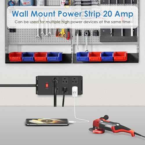 JUNNUJ 20 Amp Power Strip Heavy Duty 2 Pack, Garage 6 Outlets Metal 12 Gauge Surge Protector 3000J, High Amp 5-15P Adapter Shop 6-20R T-Slot Industrial (6AC 2-Pack, 6FT)