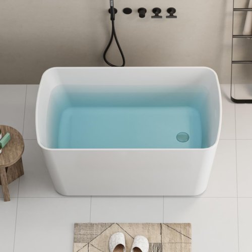 KEIKI 49" Freestanding Acrylic Soaking Bathtub, Square Japanese Deep Soak Tub with Angled Lumbar Support, Premium Cast Acrylic, Glossy White