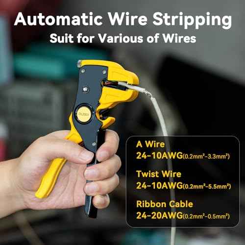 deli Automatic Wire Stripper and Cutter, Quick Strip Wire Stripper Tool for 10-24 AWG Electrical Cable and Autimotive Repair, Ergonomic Handle Design, Yellow and Black