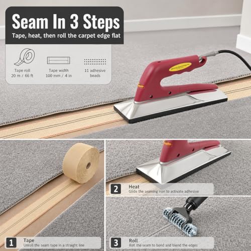 QWORK 10in 800W Carpet Seaming Iron Kit with 66ft Tape & Extra-Wide Roller