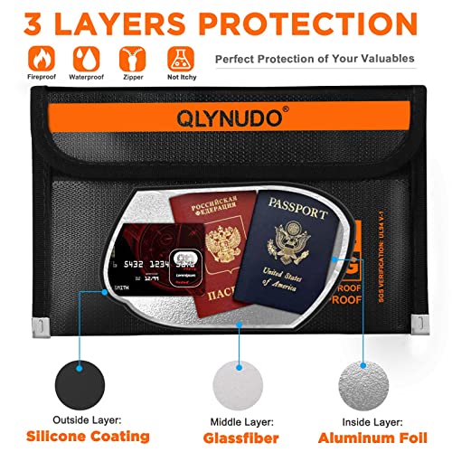QLYNUDO Small & Large Fireproof Money Bag Set - Stealth Nesting Design, Waterproof, Fire-Resistant Cash Pouch, 2-Pack (Basic/Small-Black & Big-Black)