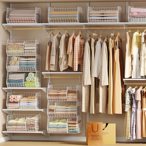 White 3-Tier Closet Hanging Shelves with Divider & S Hooks - Large Storage Organizer