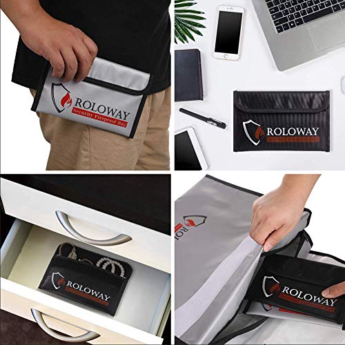 ROLOWAY Small Fireproof Water-Resistant Money Bag 5x8 inch Silver & Black 2-Pack