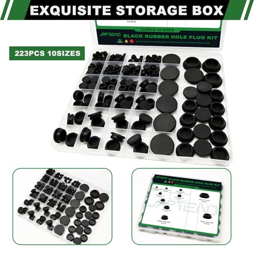 Japtend 223PCS Black Rubber Hole Plugs Kit - 10 Sizes Assortment for Automotive, Furniture, Sealing