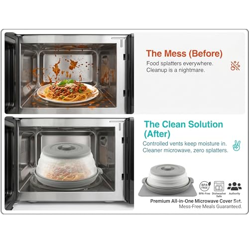 Microwave Splatter Cover with Anti-Scald Base Plate, 10.7" Collapsible Lids & Base