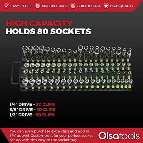 Olsa Tools Portable Socket Organizer Tray | Black Rails with Green Clips | Holds 80 Sockets | Professional Quality Socket Holder