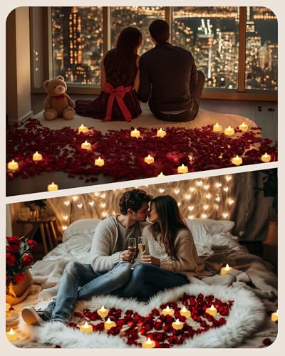Amagic Romantic Rose Petals & Heart LED Tea Lights Kit for Proposals & Weddings - 1000 Red-Black Petals + 12 White Candles
