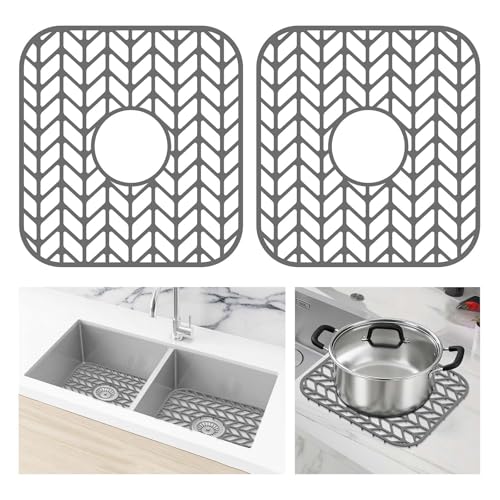 AWOKE Silicone Sink Protectors 12.25 x 11.5 Inch 2-Pack for Kitchen Sink with Center Drain Hole, Anti-Slip, Dishwasher Safe, Gray