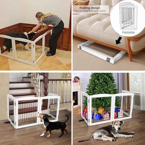ZJSF Freestanding Dog Fence Indoor, Foldable Dog Gate for Doorways, Stairs or Hallways, Sturdy Wood Extra Wide Pet Gate with Support Feet for The House, White, 24 "Height-2 Panels
