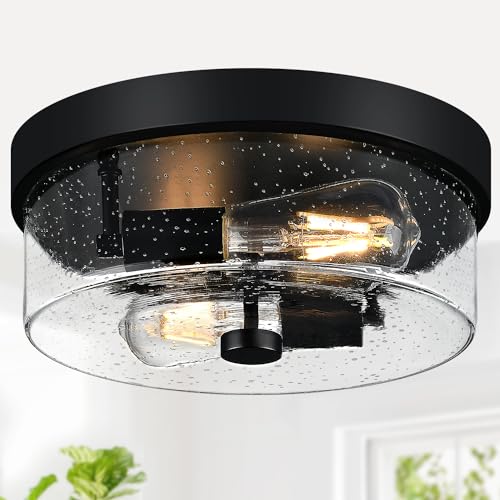 Matte Black Farmhouse 2-Light Flush Mount Ceiling Light Fixture with Seeded Glass Shade