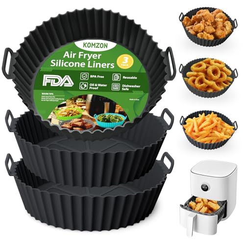 Komzon 3Pcs 8 inch Air Fryer Silicone Liners - Green Blue Grey, Reusable Basket Mat