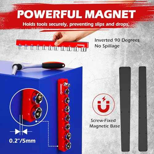 2-Piece 1/2"-Drive Metric Magnetic Socket Organizer Set (Holds 19 Sockets) - Detachable Tool Tray with 5mm Magnetic Base, Screw-Fixed Design & Heavy-Duty Modular Storage for Garage/Home Workshop