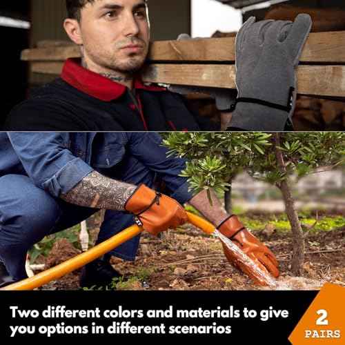 2 Pairs Leather Work Gloves for Men or Women, Non-fading Cowhide, for GardeningConstruction, Welding, Yardwork, driver