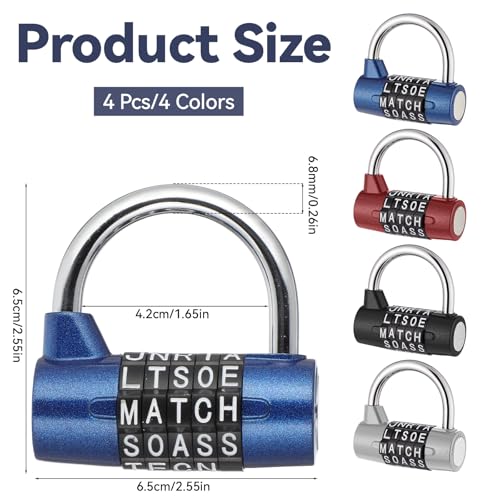 4 Pcs 5 Letter Combination Lock Safety Padlock Combination Locks Keyless Resettable Metal Lock for School Gym Sports Locker Fence Toolbox Case Hasp Cabinet Storage