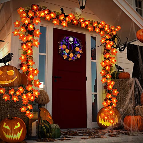 TURNMEON 3 Pack 30FT Maple Fall Garland with Lights & Timer - Halloween & Thanksgiving Decor