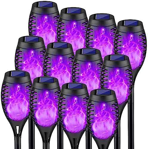 Purple Halloween LED Lights with Flickering Flame, 12Pack Solar Torch Light for Halloween Decorations, Scary Solar lights for Outdoor Decorations, Waterproof Outdoor Lighting for Garden Yard Decor