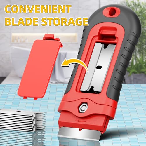 Red 1 Pack Razor Blade Scraper Kit with 15 Extra Blades for Glass & Surface Cleaning