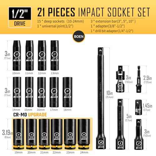 BOEN Pro 1/2" Drive Metric Deep Impact Socket Set, 21-Piece CR-MO &CR-V Steel, Upgraded Torque & Durability, 10mm-24mm, Includes Extension Bars, Universal Joint, Adapter ? Meets ANSI