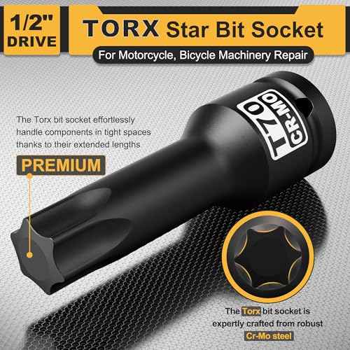 1/2" Drive T70 Torx Bit Socket, Star Bit Socket, CR-MO Steel, Motorcycle, Bicycle Machinery Repair