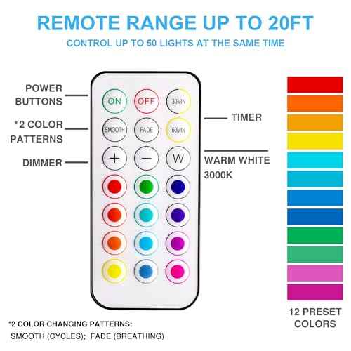 BLS LED Puck Lights with Remote Control, Wireless Under Cabinet & Closet Lighting, RGB 13 Color Changing Lights with Dimmer, Timer & AA Battery Operated, Push, Touch, Stick on for Night, Wall, 6 Pack